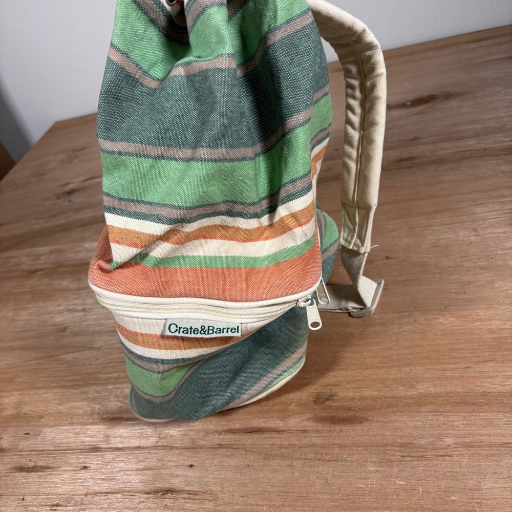 Crate & Barrel Striped Canvas Backpack Cooler Insulated Picnic Bag Green Orange